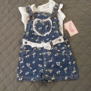 Blue Floral Kids Overalls with White Lace Belt